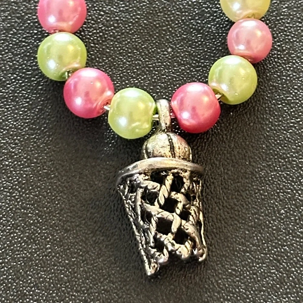 Wine glass tag, stainless steel hoop, green/pink beads, basketball charm